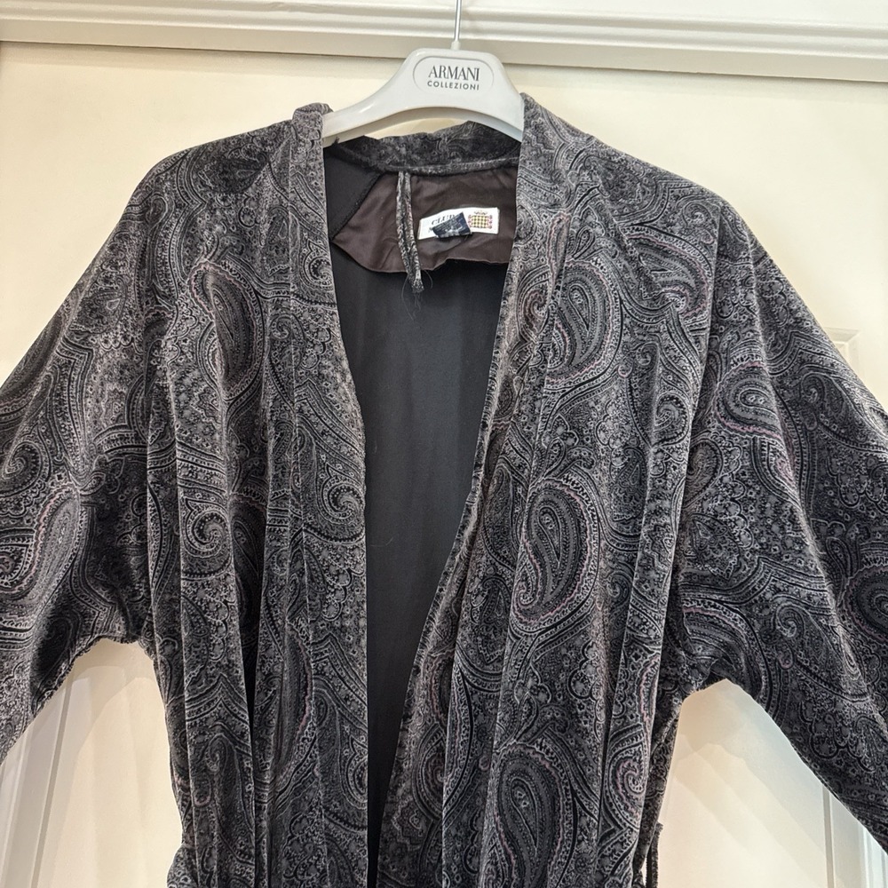 Vintage Club Monaco Velour Belted Pasiley Robe Charcoal Black Old Money Lounge